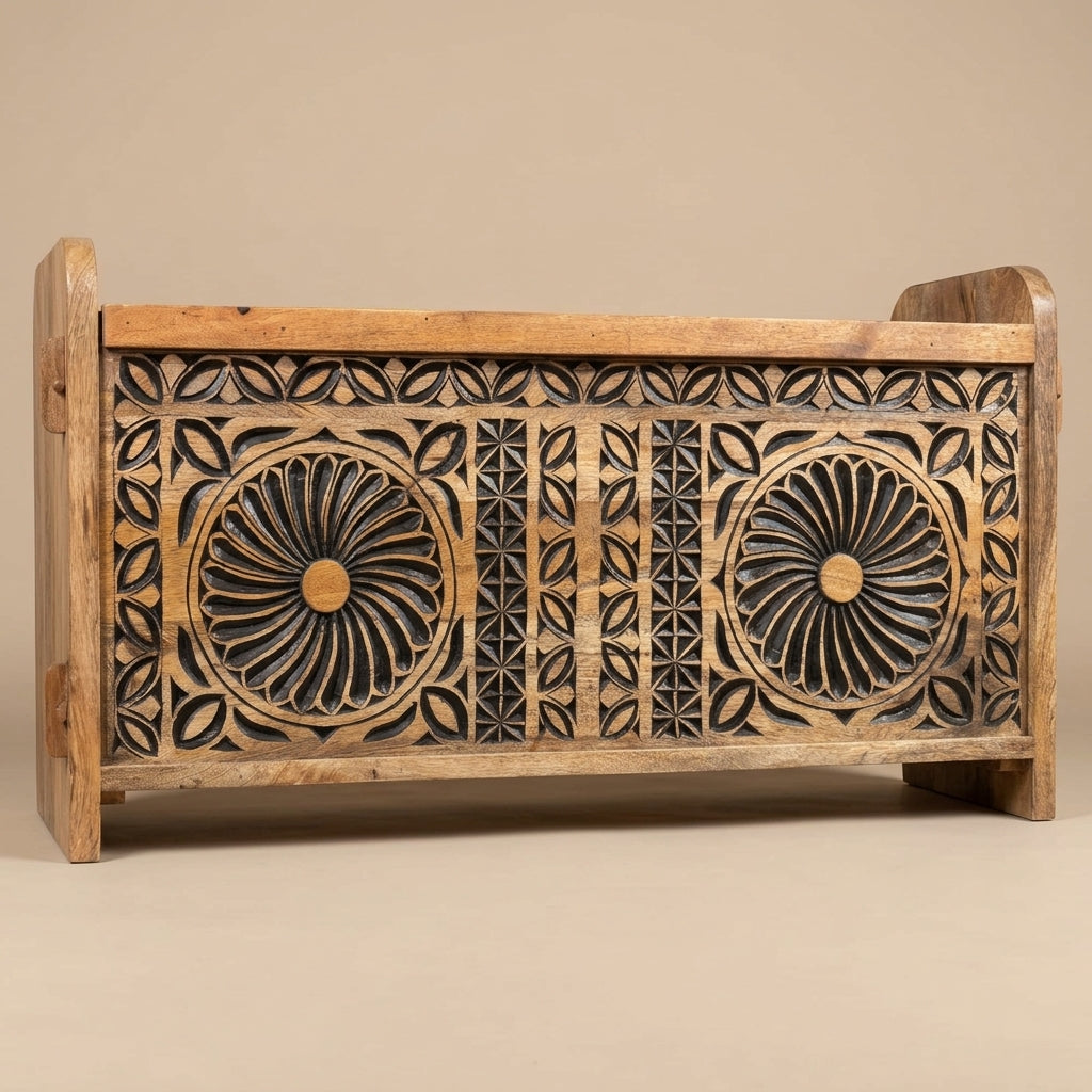 WS64 - Solid Wood Carved Storage Chest / Bench