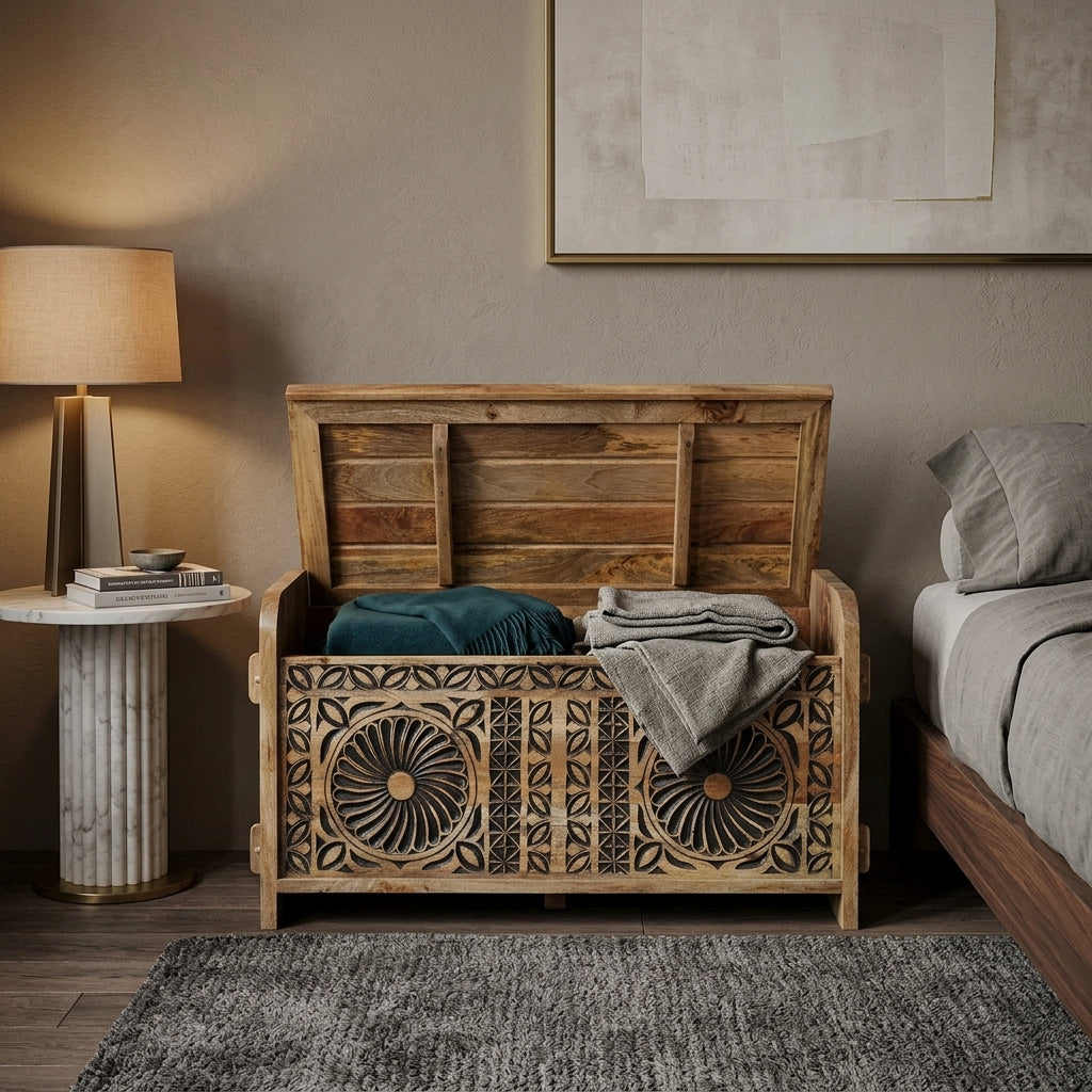 WS64 - Solid Wood Carved Storage Chest / Bench