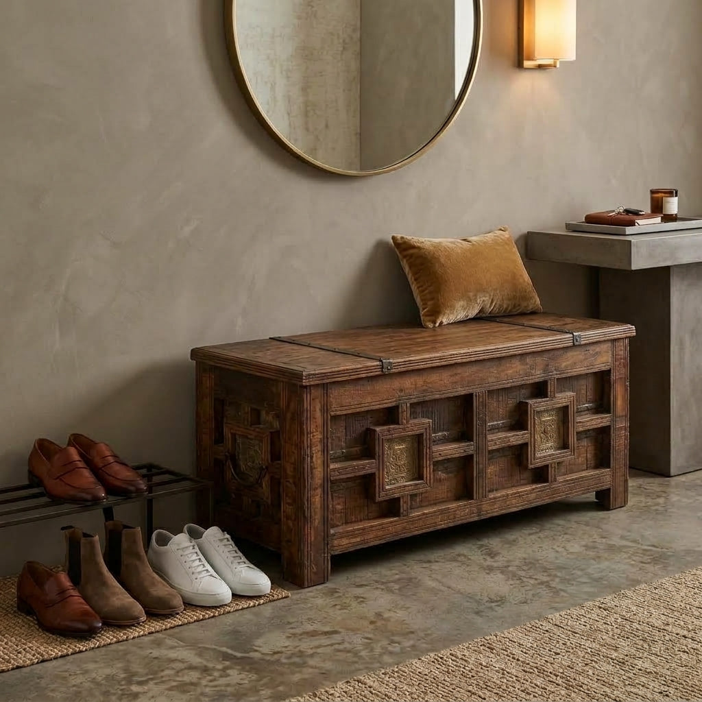 WS90 - Reclaimed Wood Antique Stencil Fitted Storage Chest-bench