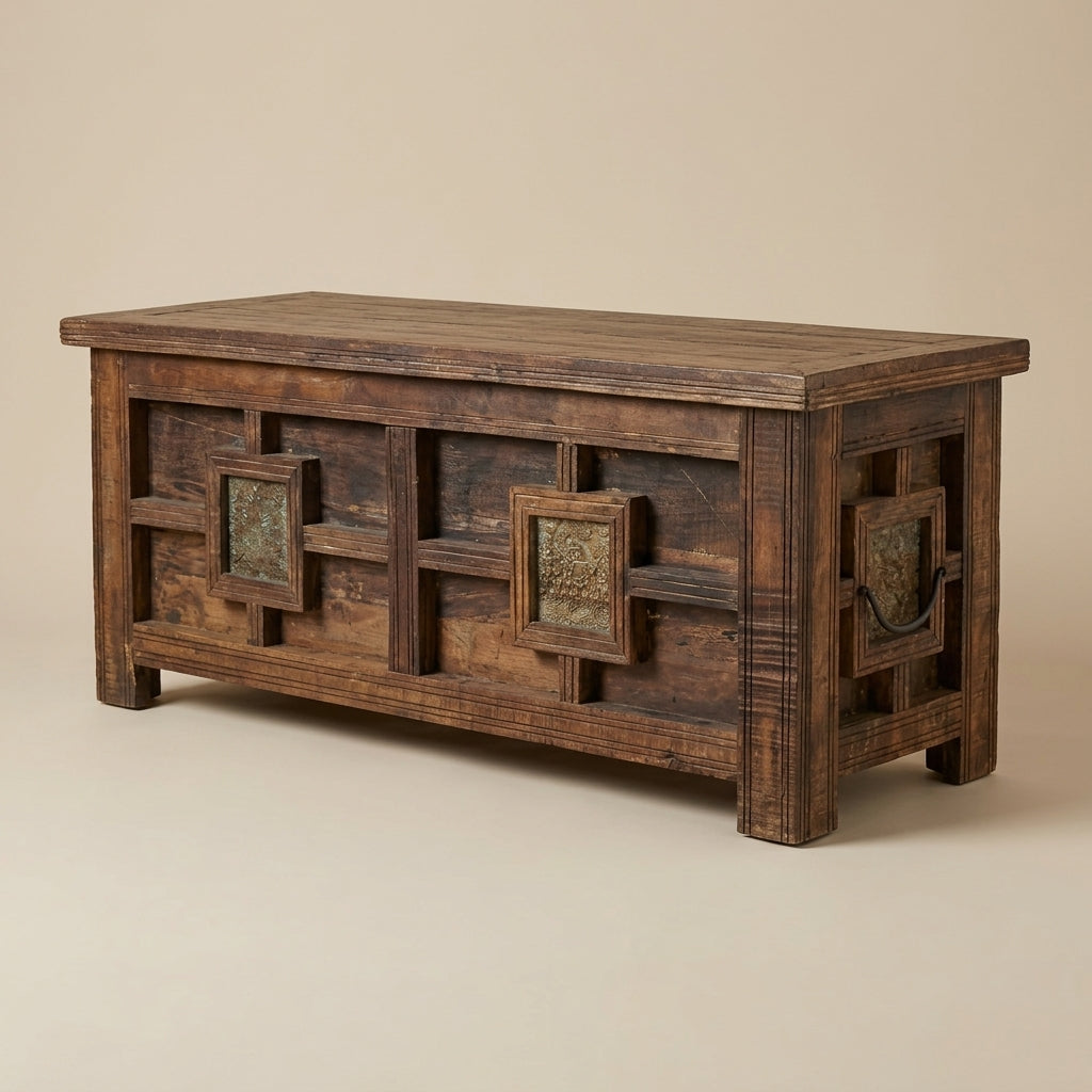 WS90 - Reclaimed Wood Antique Stencil Fitted Storage Chest-bench