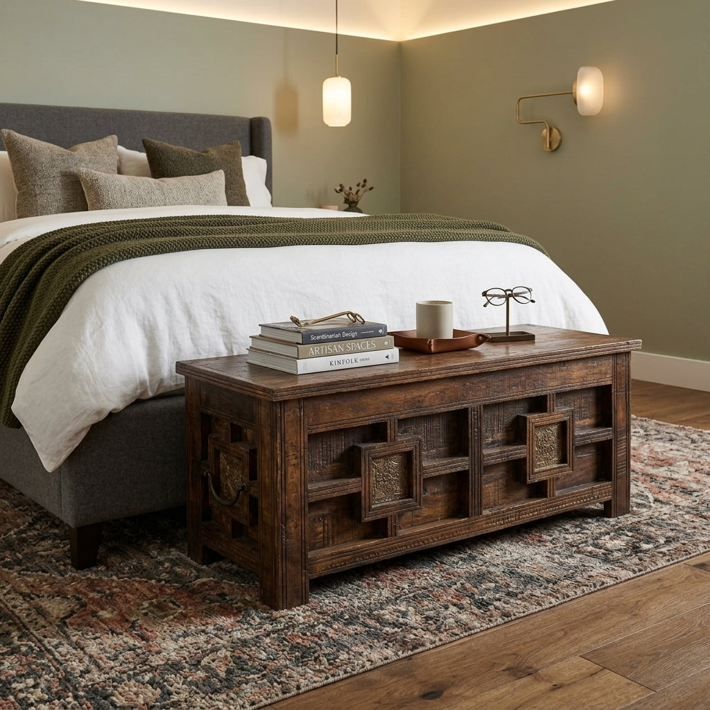 WS90 - Reclaimed Wood Antique Stencil Fitted Storage Chest-bench