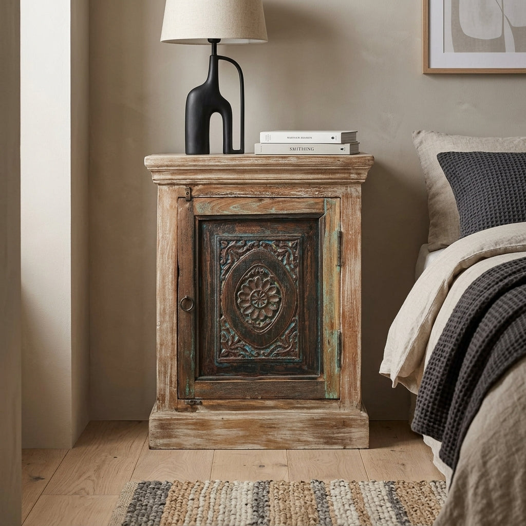 WS91 - Reclaimed Wood Carved Antique Door Night Stand