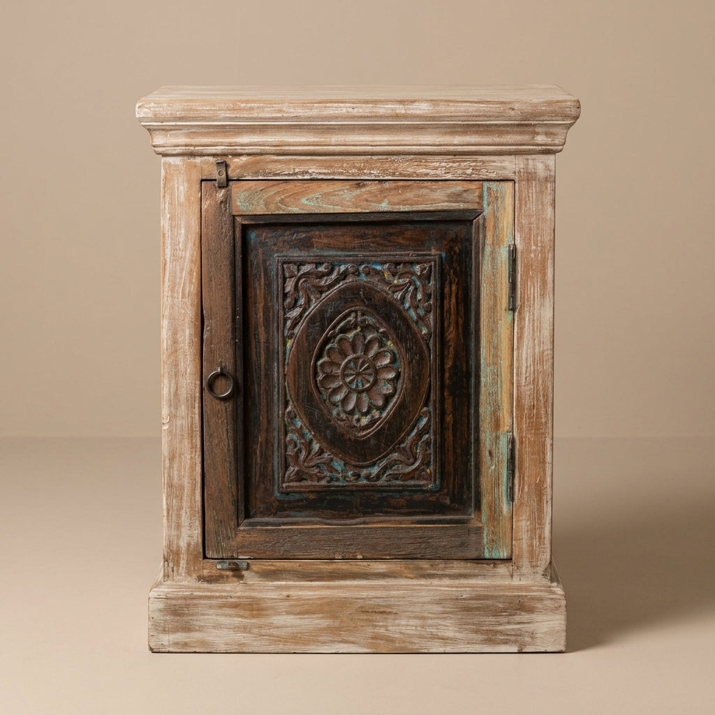 WS91 - Reclaimed Wood Carved Antique Door Night Stand